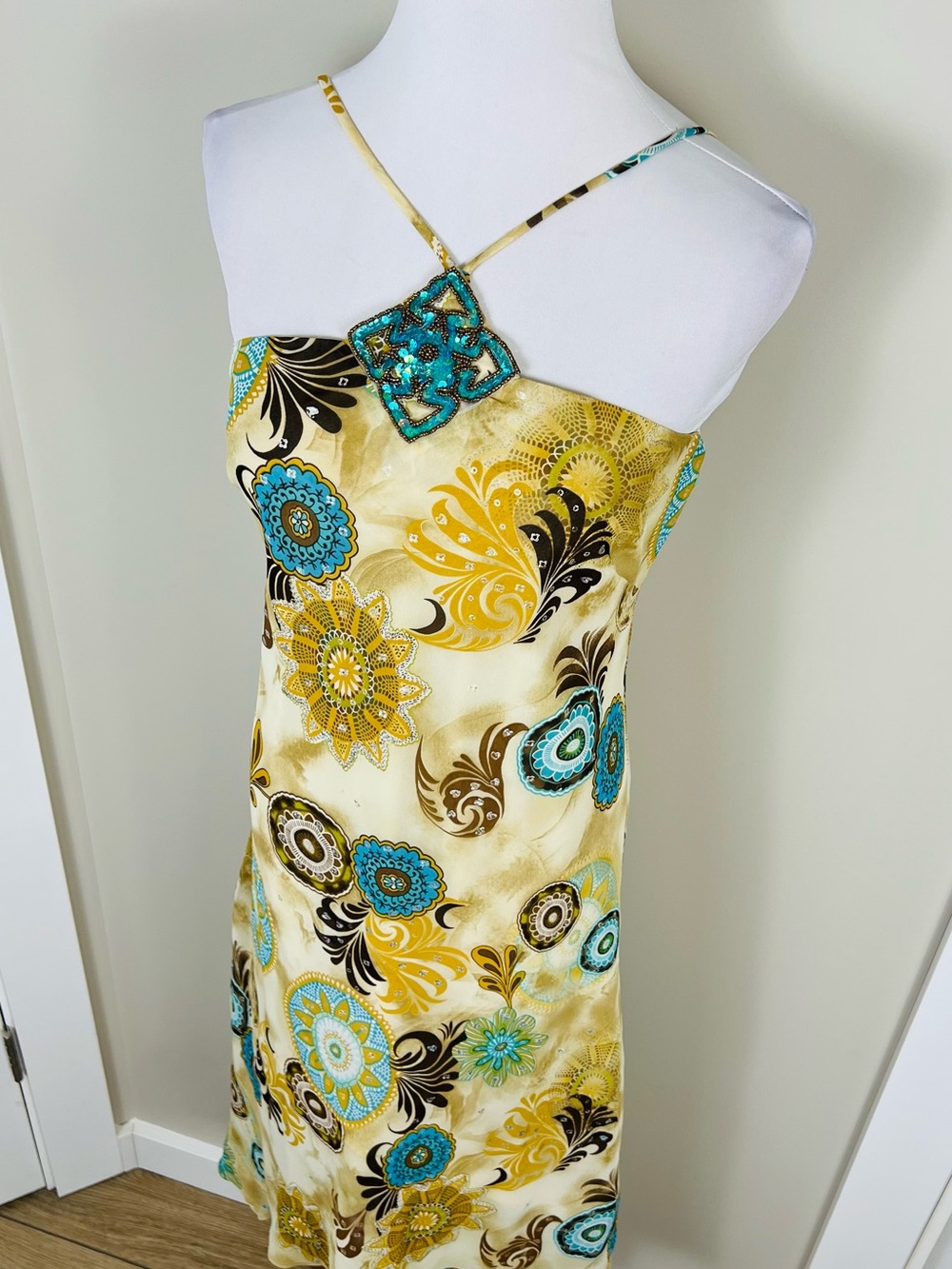 Joseph Ribkoff Yellow Dress with Turquoise & Brown Floral Print